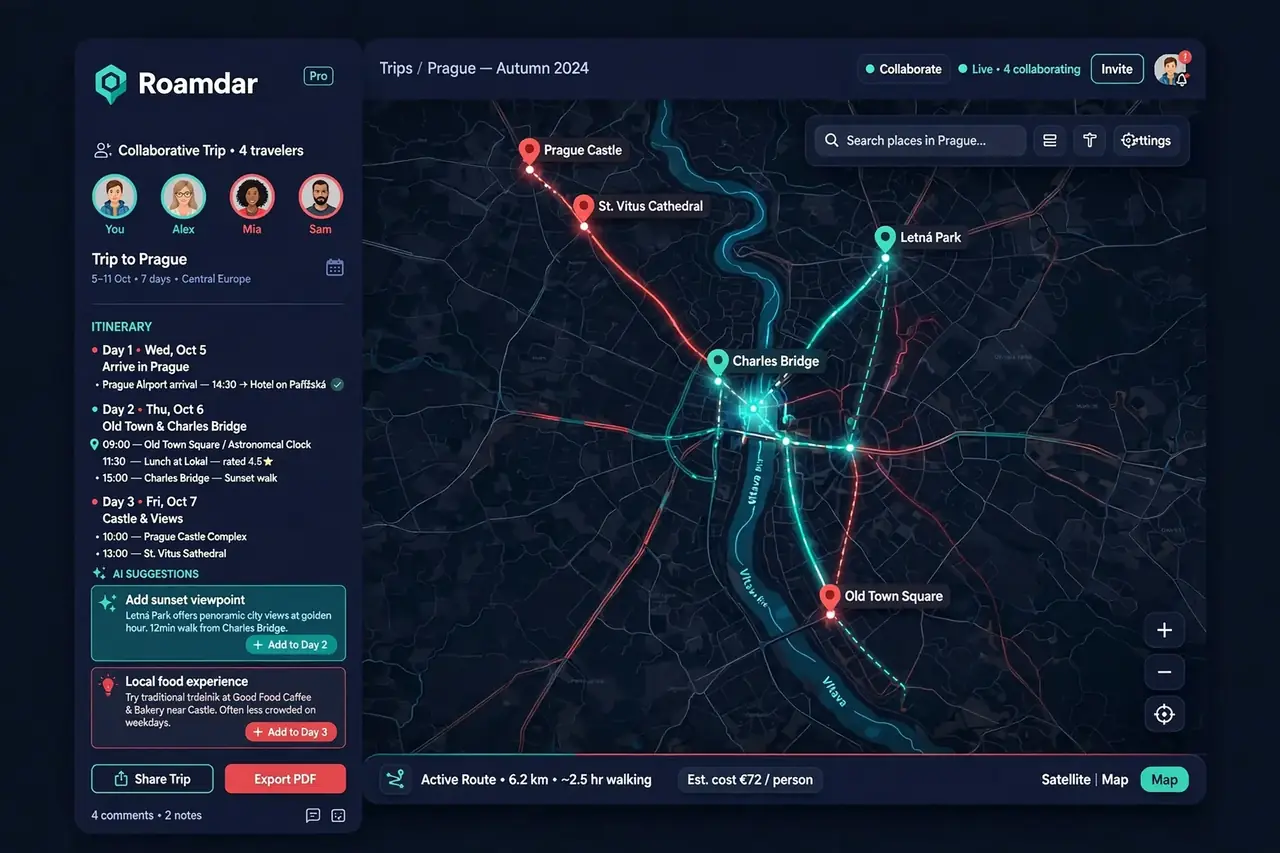 Roamdar collaborative trip planning map